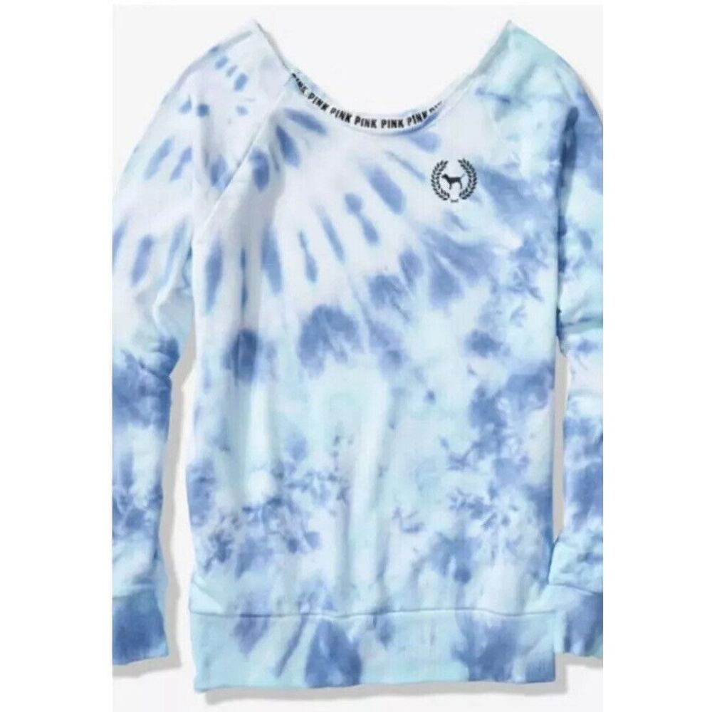 Victoria's Secret‎ PINK Raw Cut Crew Sweatshirt Top Blue Tie Dye Sz M NWT